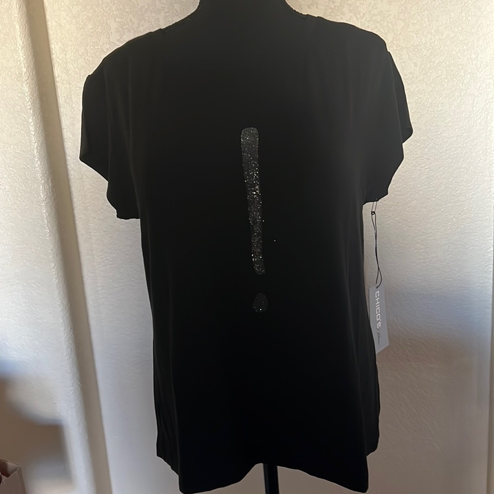 Chico’s NWT Platinum (Glitter “!” Short Sleeve T-shirt, Size 3